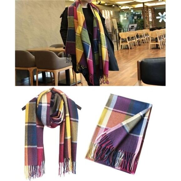 Blanket Scarf Long Plaid Women's Chunky Oversized Winter Fall Winter Purple - Picture 4 of 6